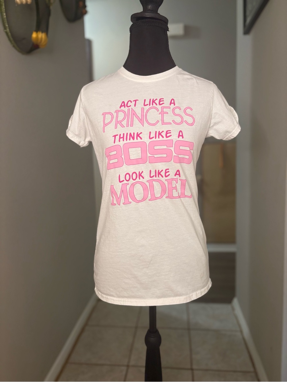 Gildan White Short Sleeve Tee with Pink Graphic Text